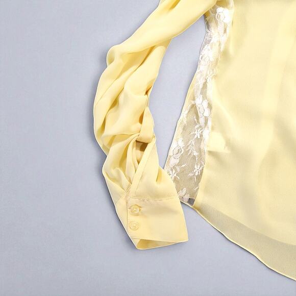 Candie's Y2K Romantic Lace Sheer Tie Front Button Tab Sleeve Top Butter Yellow M - Picture 3 of 10